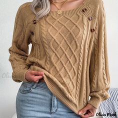 Olivia Mark - Women's Winter Pants Fall Tops Women Trendy Crew Neck Women's Casual Fashion Long Sleeved Knitting Button Solid Sweater Stylish Coat, Solid Sweaters, Button Sweater, Estilo Chic, Pullover Sweater Women, Mua Sắm, Knitted Pullover Sweaters, Color Khaki, Long Sleeve Knit