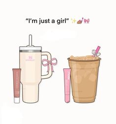 i'm just a girl coffee cup and mug with lip glosses next to each other