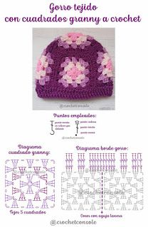 a crocheted hat with flowers on it and instructions to make the pattern in spanish