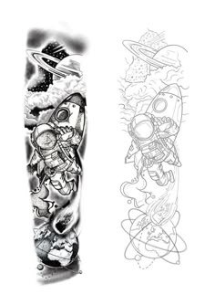 two different tattoo designs on one arm and the other hand with an image of cartoon characters