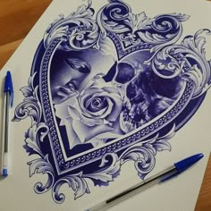 a drawing of two people in a heart shaped frame with roses and leaves on it