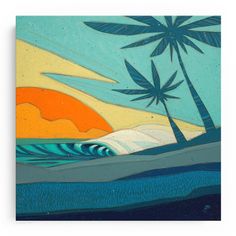 a painting of palm trees and the ocean