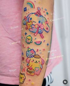 an arm with different tattoos on it and the words hello kitty written in white ink