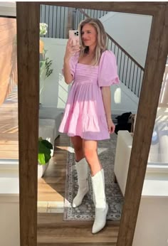 Dresses Western Fashion, Cute Dress With Boots, Gogo Boots Dress Outfit, Pink Outfit With White Boots, Pink Dress With White Cowboy Boots, Mini Dress With Boots Country, Pink Dress Cowboy Boots Outfit, Western Boots Outfit Spring, Pink Western Aesthetic Outfits