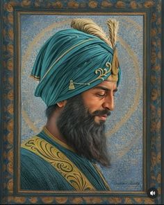 a painting of a man with a beard wearing a turban and gold trim