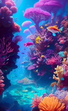 an underwater scene with colorful corals and fish