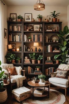 a living room filled with furniture and lots of plants on top of bookshelves