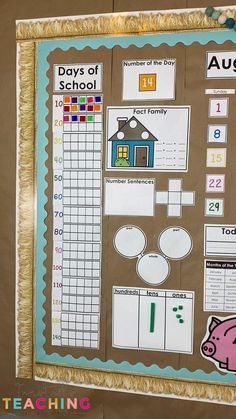 a bulletin board with numbers, times and pictures for the school year to be displayed