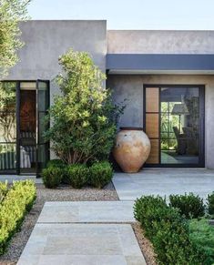 the front entrance to a modern home surrounded by greenery and shrubbery, with a large vase in the foreground