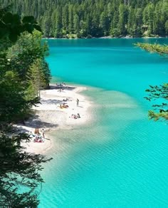 people are sitting on the shore of a blue lake surrounded by pine trees and evergreens