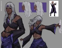 an image of a woman with white hair and purple clothing, in various poses for the character