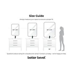 the size guide for a bathroom vanity with two drawers and one mirror on each side