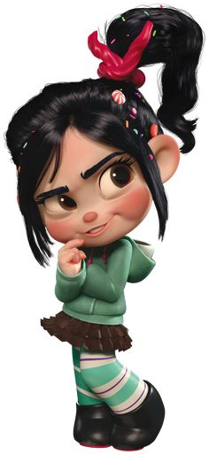 a small figurine of a girl with black hair and green shirt holding her hand to her face