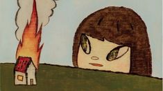 a drawing of a girl looking at a fire coming out of her head and house in the background