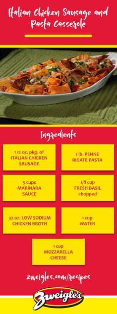 the menu for an italian chicken sauce and pasta crepe recipe is shown in red, yellow and green