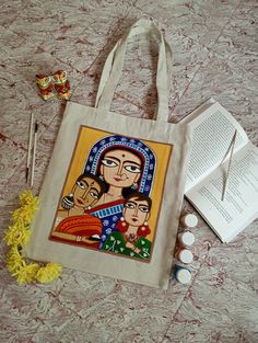 Hand painted tote bag- cotton canvas material - Jamini Ray's painting - eco-friendly - trendy - handmade gift Canvas Pouch Painting Ideas, Drawing On Tote Bag, Aesthetic Tote Bag Painting, Tote Bags Painting, Asthetic Paintings Easy, Canvas Bag Painting, Canvas Bag Painting Ideas, Tote Bag Painting Ideas, Three Generations Of Women