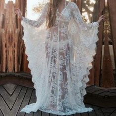 White Loose And Flowy , Sheer And Sexy Gothic Beauty Floral Lace Kaftan Floor Length Maxi Dress/ Lingerie / Beach Coverup Free Size Fits Most But Due To Length It May Be Too Long For Petite Heights Without Heels Length 60" Bust 84" Polyester , Soft With Some Stretch This Could Be Made Part Of A Custom Costume With It's Flowy Sleeves - Maybe A Pretty Ghost , Or Under Butterfly Or Moth Wings To Make The Wings Seem Longer And More Full Black Is Also Shown For Details. More Colors Are Listed Separat Bohemian Sheer V-neck Cover-up, Beach V-neck Lace Dress, Bohemian Sheer V-neck Maxi Dress, Lace Maxi Dress For Beach Cover-up, Long Summer Dresses With Lace Patchwork, V-neck Maxi Dress With Lace Patchwork For Beach, V-neck Lace Patchwork Maxi Dress For Beach, Fitted Maxi Dress With Lace Patchwork For Beach, Fitted Lace Patchwork Maxi Dress For Beach