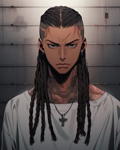 a man with long dreadlocks standing in front of a wall