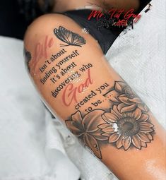 a woman's arm with a sunflower and butterflies tattoo on it, which reads life is about being yourself