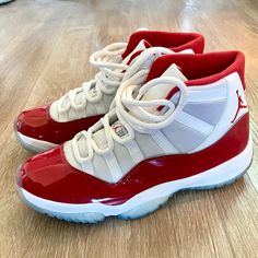 Wore A Few Times, Practically Brand New All Red Jordans, Jordan 11s Cherry, Jordan 11 Cherry Red, Christmas Jordans, Jordans 11s, Sneakers Jordans, Cherry 11, Jordans Red, Cute Red Shoes