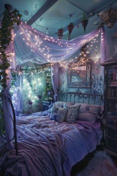 a bed room with a neatly made bed and lots of fairy lights on the ceiling