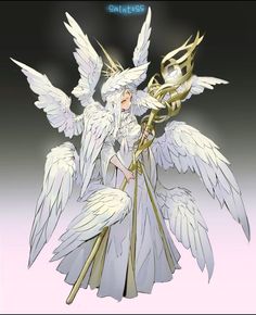 an angel with white wings holding a staff