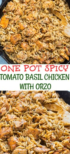 one pot spicy tomato basil chicken with orzo in a cast iron skillet and the other side dish