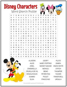 Help fill those long rainy days or summer afternoons with our Disney Characters Word Search Puzzle. Kids will love discovering their favorites such as Mickey Mouse or Mary Poppins in this fun FREE printable! Word Search Disney, Mickey Mouse Day Activities, Mickey Mouse Puzzle Printable, Disney Printables Free Activities, Disney Craft Activities