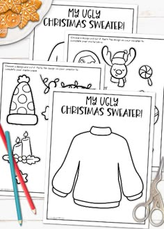 three christmas sweaters coloring pages on a table with gingerbread cookies and other items