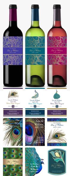 three bottles of wine with peacocks on them and labels for each bottle in different colors