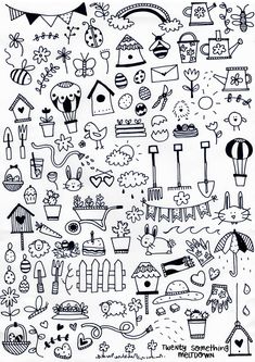 a black and white drawing of many different things