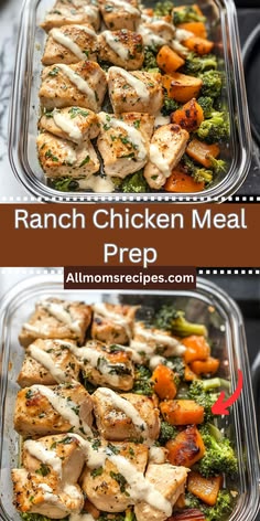two pictures showing the steps to make ranch chicken meal prep