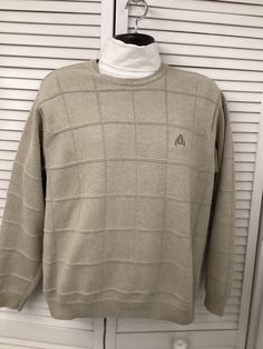 "Izod beige cotton pullover sweater square pattern Like new vintage unisex sz Large All season classic timeless preppy sweater Logo on front shoulder 19\" chest 24\" pit to pit (48\" total) sleeve 23 2/4\" + 2\" cuff ( 31\" from neck length 27\" from neck to bottom of 2\" bottom cuff hem 4-\" unstretched" Casual Cream Polo Sweater For Winter, Classic Cream Polo Sweater, Beige Cotton Polo Sweater For Winter, Winter Beige Cotton Polo Sweater, Beige Long Sleeve Retro Sweater, Beige Crew Neck Polo Sweater, Casual Beige Polo Sweater, Classic Long Sleeve Beige Sweatshirt, Classic Beige Long Sleeve Sweatshirt