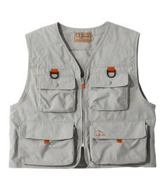 a white vest with two pockets and an orange tag on the chest, in front of a