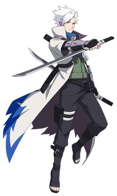 an anime character with white hair and blue eyes, holding two swords in his hands