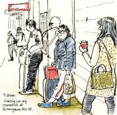 a drawing of people waiting for the subway