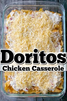 a casserole dish with chicken and cheese on top in a glass baking dish