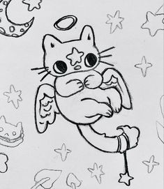 a black and white drawing of a cat holding an angel