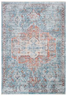 a blue and orange rug with an ornate design