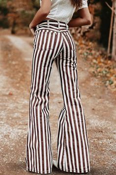 Retro Striped Print Flared Trousers – castellbus Chic Brown Wide Leg Flare Jeans, Retro Cotton Flares For Fall, Retro Spring Flare Pants, Trendy Wide Leg Flare Pants, Retro Flare Cotton Jeans, Trendy Summer Cotton Flares, Chic Wide Leg Cotton Flares, Chic Cotton Summer Flares, Trendy Spring Cotton Flares