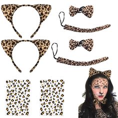 PRICES MAY VARY. Leopard costume set: the package comes with 2 set of leopard print cat cosplay costume in coffee color, including 2 piece of leopard print cat ears headband, 2 piece of bow tie, 2 piece of long tail and 2 sheets of leopard face stickers, The cute leopard cat headband sets will match your different needs for daily wearing and party cosplay costumes decoration. Proper size fits most: the leopard bowtie is about 4.3 inches in length, the costume tail is about 9.8 inches long, and t Leopard Makeup Halloween, Cheetah Costume, Leopard Ears, Leopard Halloween, Leopard Makeup, Face Tattoos For Women, Leopard Costume, Leopard Party, Leopard Headband