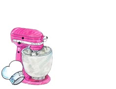 a drawing of a pink mixer with two white balls next to it on a white background