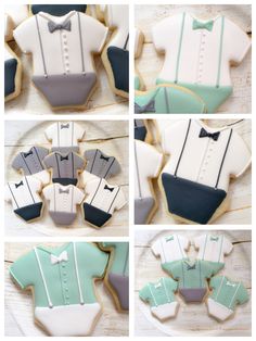 some cookies that are decorated to look like men in tuxedo shirts and bow ties