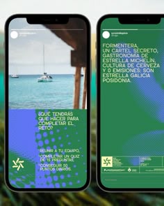 two cell phones with the same image on them, one is open and the other has a boat in the water