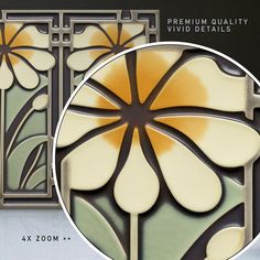 the front and back side of a decorative glass window with flowers on it, in various colors