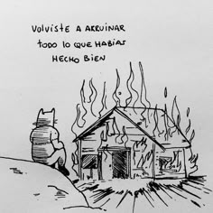 a black and white drawing of a house with fire coming out of it's roof