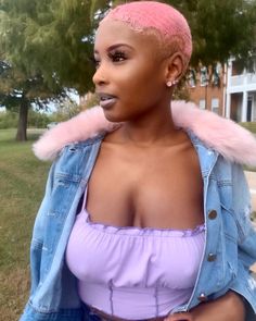 Light Pink Natural Hair, Short Pink Hairstyles For Black Women, Pink Short Natural Hair, Low Haircut For Black Women, Short Pink Hair Buzzcut, Low Cut Hair Black Women, Pink Shaved Head Black Women, Haircut For Black Women, Low Haircuts