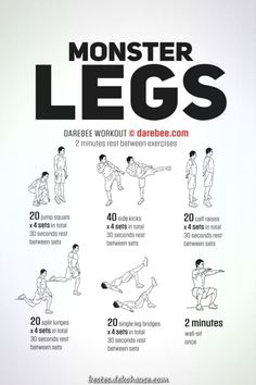 a poster with instructions for how to do monster legs in 5 minutes, including exercises