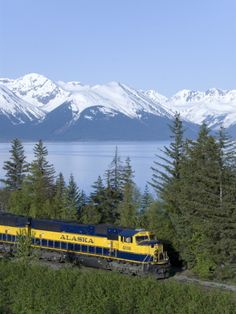 a yellow and blue train traveling down tracks near snow covered mountain range in the distance