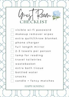 a checklist with the words guest room checklist written in black and white on it